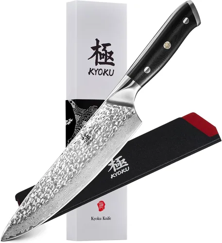 Cuchillo de chef KYOKU - 8" - Cuchillo de cocina estilo japonés de la serie Shogun, hoja de Damasco martillada con núcleo de acero VG10 - con funda