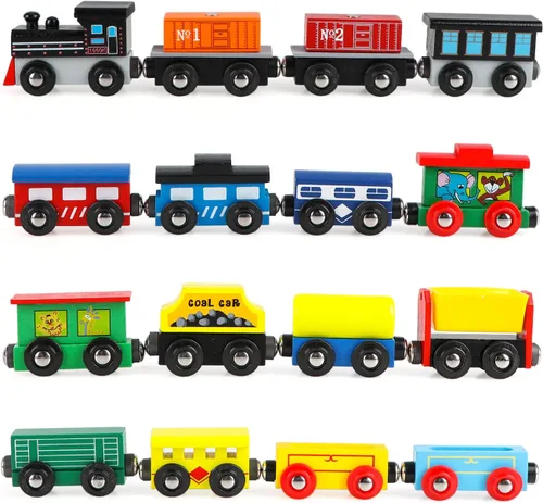 Wondertoys Juego de tren de madera de 16 piezas, incluye bolsa de almacenamiento, accesorios de pista de madera, juego de automóvil magnético de