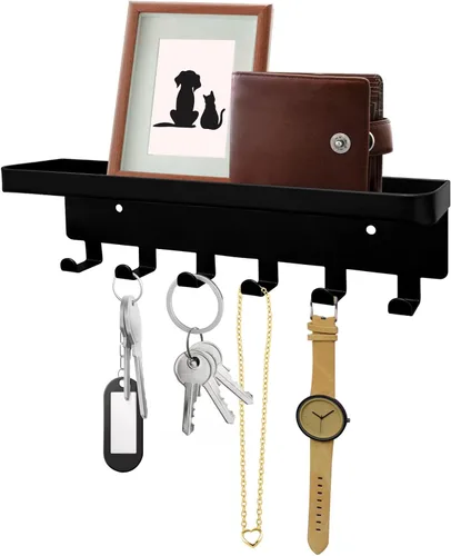 Miniatura 2 de GTK Soporte para llaves de pared con bandeja y 6 ganchos, soporte para llaves montado en la pared para pasillo, estante para llaves con estante