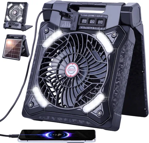 WESTTREE Ventilador solar recargable con batería con linterna LED y banco de energía, ventiladores personales USB de ángulo plegable para viajes al