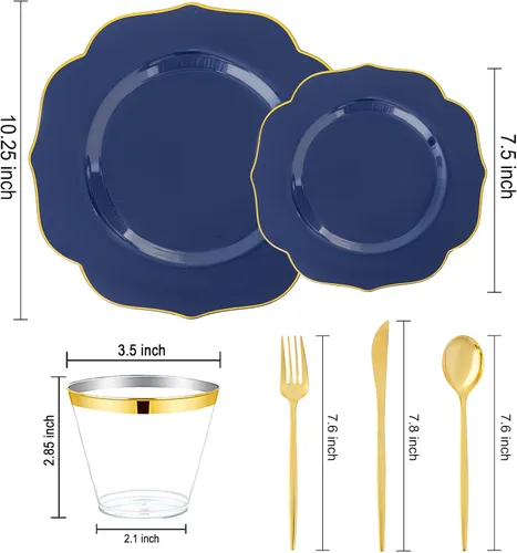 Miniatura 2 de bUCLA 180 piezas platos de plástico azul - azul marino y borde dorado desechables incluye 30 de cada uno (cena y postre) platos, 30 cuchillos, 30