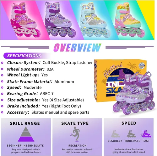 Miniatura 6 de Mammygol Patines en línea para niñas y niños, 4 tamaños ajustables para niñas de 3 a 12 años con ruedas iluminadas y protección de seguridad, regalo