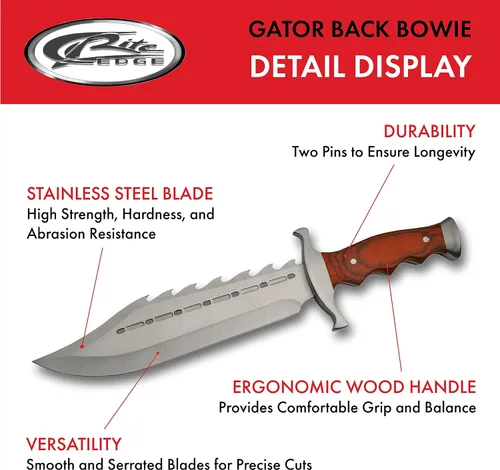 Miniatura 2 de SZCO Full Tang Gator - Cuchillo para desollar la espalda de 15 pulgadas, cuchillo de campamento con mango de madera y hoja de acero inoxidable