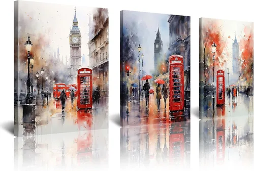 Miniatura 30 de NAN Wind 3 piezas de lienzo moderno Giclée impresiones en blanco y negro con paraguas rojos, lienzo romántico para parejas, pinturas de paisaje rojo