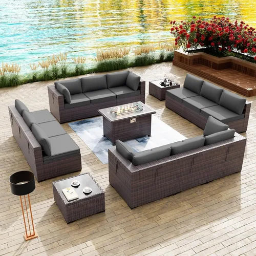 Miniatura 53 de Kullavik Juego de 13 muebles de patio al aire libre con mesa de fogata de gas propano de 43 pulgadas, 55000 BTU, mimbre de polietileno, sofá Arena