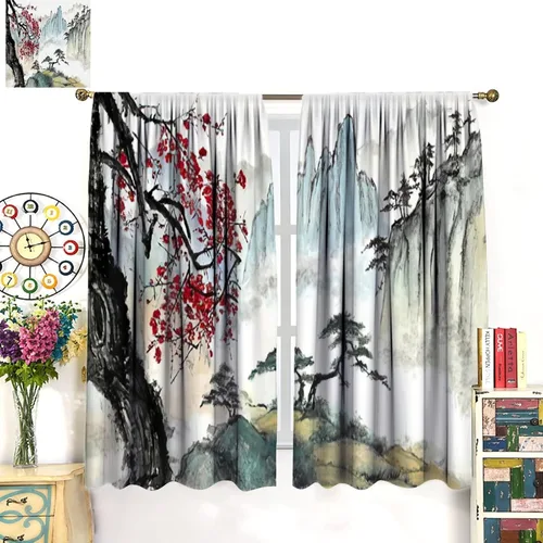 Miniatura 2 de Cortina japonesa con diseño de cerezo en flor, montañas, río, nubes, pinos, paisaje, naturaleza, asiático, anime, oscurecimiento de habitación