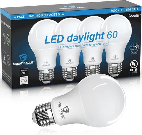 Great Eagle - Bombilla LED A19, 9 W (equivalente a 60 W), certificación UL, luz diurna de 5000 K, regulable, repuesto estándar (paquete de 4)