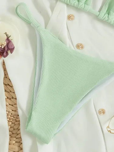 Miniatura 4 de MakeMeChic Conjunto de bikini de 2 piezas con cuello halter y triángulo para mujer, corte alto, traje de baño