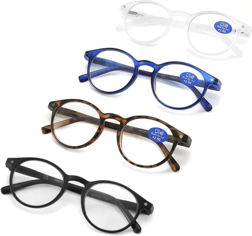 Lentes de lectura con bloqueo de luz azul, lentes redondos con bisagras de resorte para hombres y mujeres, 4 pares de colores mixtos, filtro