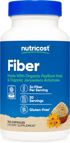 Cápsulas de fibra Nutricost con suplemento de fibra prebiótica 150 cápsulas - Suplemento certificado CCOF, hecho con cáscara de psyllium orgánica y