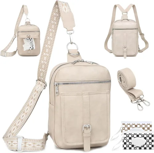 Miniatura 21 de Bolso Bandolera Mochila Cruzada - 2 en 1 Bolso Cruzado de Cuero Riñonera con 2 Correas Extraíbles Mini diaper bag Café