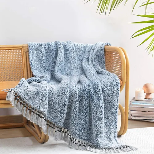 Miniatura 26 de Manta Sherpa de forro polar ultrasuave, tamaño Queen, manta de cama bohemia ligera y acogedora con borla decorativa, patrón reversible, 2 tonos