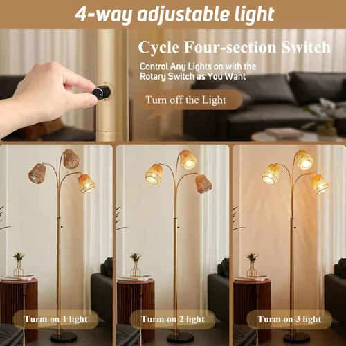 Miniatura 2 de Lámpara de pie dorada de ratán para sala de estar, lámpara de pie boho de 72 pulgadas de alto con interruptor giratorio, lámpara de arco de 3 luces