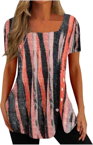 Stessotudo Blusas y tops para mujer, cuello cuadrado, manga corta, estampado floral, dobladillo dividido, largo, casual, elegante, túnica