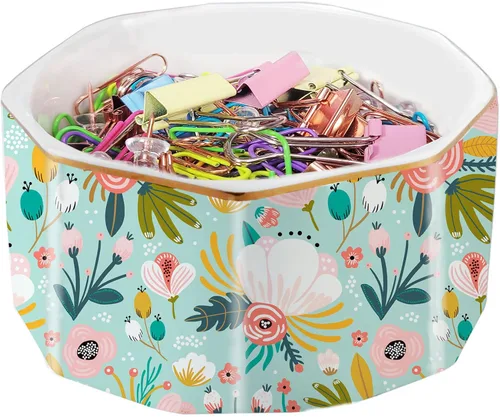 Miniatura 17 de Portaclips de Cerámica con Línea Dorada Dispensador Organizador de Clips para Escritorio Lindo Patrón de Mármol Terrazo Portaclips de Oficina