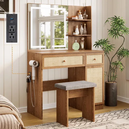 Miniatura 9 de Yechen - Tocador de 35" estilo bohemio con espejo iluminado con LED y regleta de enchufes, juego de mesa de maquillaje de madera con cajones