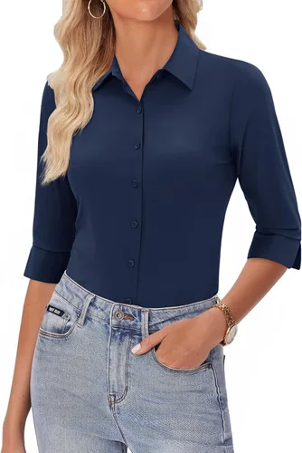 Miniatura 11 de siliteelon Camisas con botones para mujer, manga 3/4, elástica, ajustada, sin arrugas, cuello para negocios, trabajo, tops