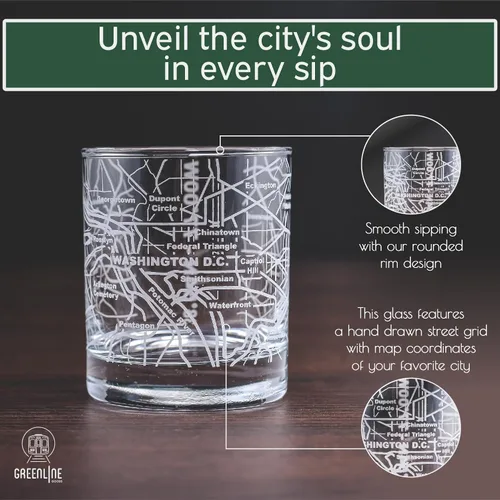 Miniatura 4 de Greenline Goods - Vasos de whisky, juego de regalo de 2 vasos de 284ml para amantes de Washington, DC, grabado con mapa de Washington, DC Vaso