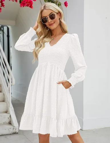 Miniatura 4 de Shermia Vestido de manga larga con cuello en V para mujer, vestidos fruncidos de gasa, mini vestido babydoll con bolsillos