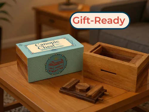 Miniatura 5 de BSIRI Canopic Chest Challenging Brain Teaser Rompecabezas de madera para la mente y uso como joyería de almacenamiento de dinero, rompecabezas 3D