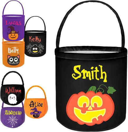 Cubos personalizados de Halloween para pedir dulces o trucos, cesta de Halloween personalizada con nombre para niños, bolsas de Halloween