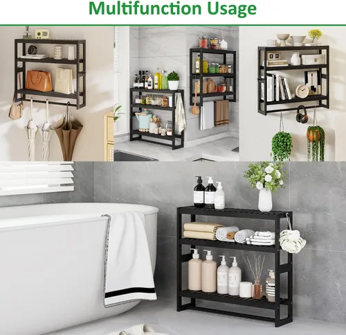 Miniatura 6 de RRX Organizador de almacenamiento de estante de baño, estante de baño, organizador de bambú de 3 niveles ajustable con barra, colgante, estante Negro