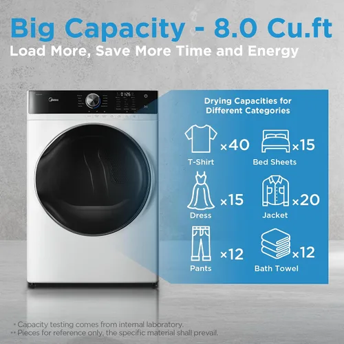 Miniatura 3 de Midea MLE45N1AWW Secadora eléctrica de carga frontal a juego, con sensor de acero inoxidable seco, cuidado de arrugas, control táctil, 10 ciclos