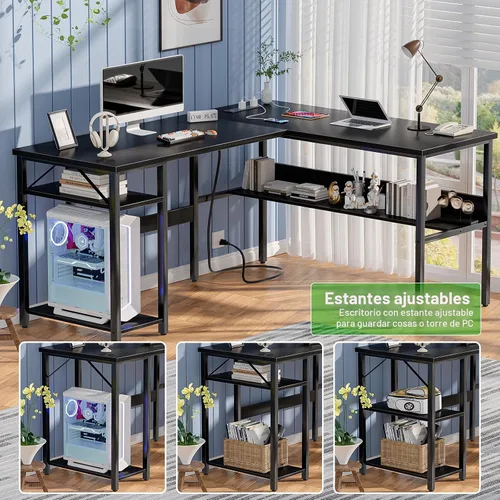 Miniatura 6 de Unikito Escritorio reversible en forma de L con tomas de corriente mágicas y puertos de carga USB, escritorio de esquina resistente para computadora