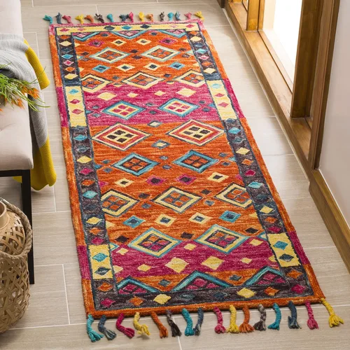 Miniatura 9 de SAFAVIEH Aspen Collection - Alfombra cuadrada de 3 pies, naranja y fucsia, hecha a mano, lana trenzada con borlas, ideal para zonas de alto tráfico