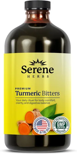 Serene Herbs Cúrcuma Líquida con Pimienta Negra - Shots de Cúrcuma Suplemento de Curcumina 1000mg Fuerza Extra Bebida Herbal, Amargos Digestivos