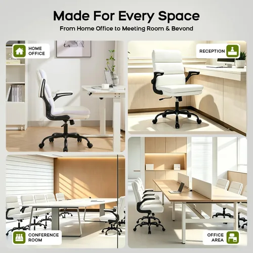Miniatura 3 de Silla de Oficina Ajustable Silla de Escritorio Respaldo Medio Ejecutiva Cómoda Cuero Sintético Ergonómico Soporte para la Espalda Silla de Blanco