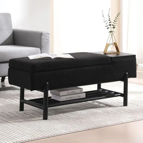 ROCITY Banco de almacenamiento moderno negro con asiento de cojín y patas de madera, 46.5 x 19.25 x 16 pulgadas Lana de cordero negra