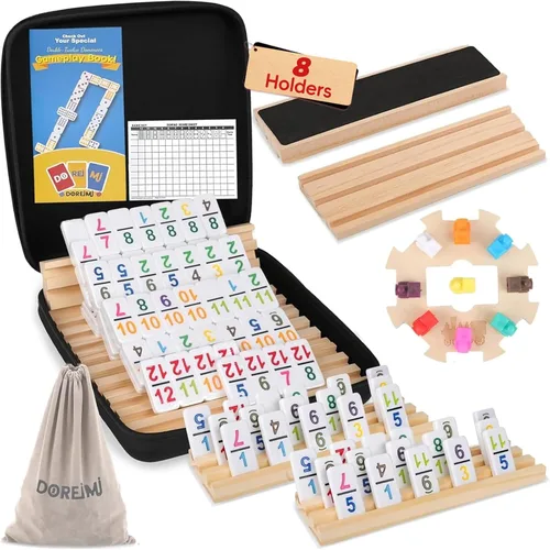 Miniatura 10 de Doreimi Juego de Dominó Doble 6 para Adultos con 4 Estanterías de Madera y 28 Azulejos Juego de Dominó de Viaje Juego de Mesa Clásico para Noche