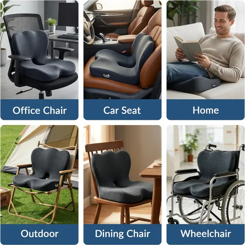 Miniatura 8 de Exclusivo Mezcla Cojín de asiento de espuma viscoelástica, cojines ergonómicos para aliviar el dolor del coxis, almohadilla de asiento Negro