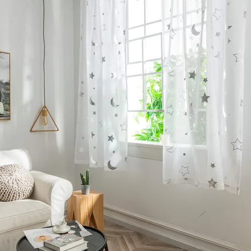 Miniatura 2 de Cortinas Transparentes con Estampado de Lámina Plateada de Luna y Estrellas para Habitación de Niñas - Cortinas de Ventana con Bolsillo