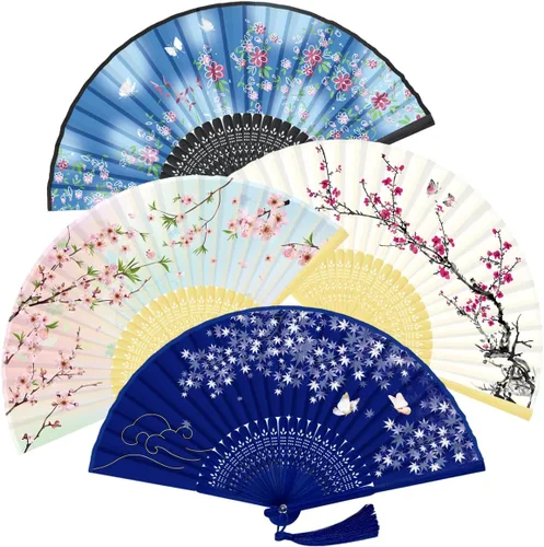 WEARXI Ventilador de mano, 4 ventiladores de mano, ventilador plegable chino para mujer, plegable, ventilador de mano de bambú de seda, ventilador