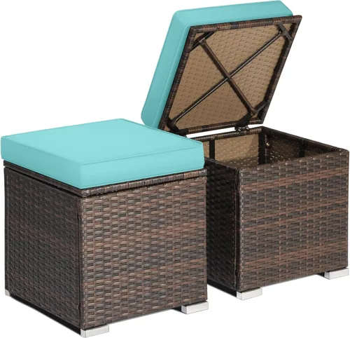 Miniatura 16 de RELAX4LIFE Otomana de mimbre para almacenamiento al aire libre, reposapiés de ratán de 2 piezas con cojín extraíble, reposapiés multiusos, mesa Rojo