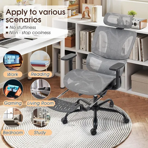 Miniatura 7 de Silla de oficina ergonómica con soporte lumbar ajustable, reposabrazos y reposacabezas 3D, silla reclinable de 135° con reposapiés, silla giratoria
