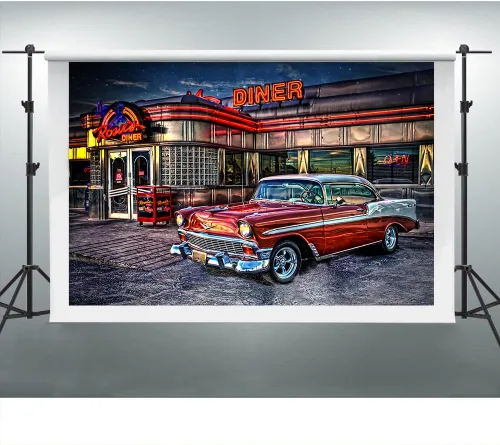 Telón de Fondo de Rock Roll de los 50s para Diner, 1950s Coche Vintage Retro Nostalgia para Fotografía, 1.5x0.9m Telón de Fondo para Fotos,