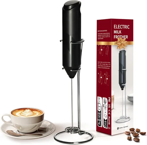 YSSOA Espumador de leche eléctrico de mano con soporte de acero inoxidable, mezclador de bebidas batidor a pilas para café, frappé, latte, matcha,