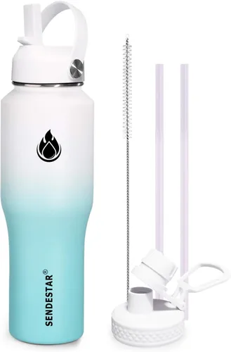 Miniatura 37 de SENDESTAR - Botella de agua de 0,9 L, 2 tapas (tapa con pajita), boca ancha de acero inoxidable aislada al vacío, doble pared, mantiene los líquidos