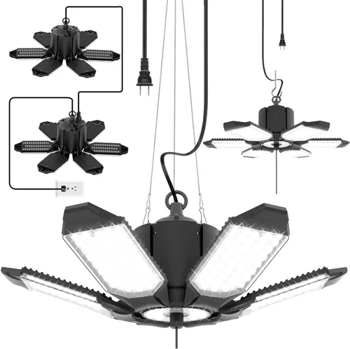 toberich Paquete de 2 luces de garaje enchufables, luz de tienda LED enlazable de 180 W 18000 lm con cuerda de tracción y cable de alimentación de 3