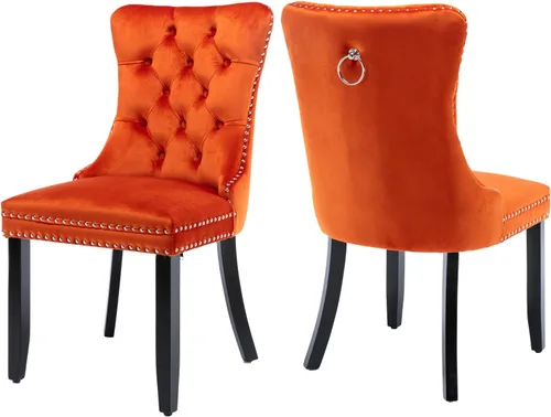 Miniatura 19 de Juego de 2 sillas de comedor de terciopelo, silla de comedor tapizada de alta gama con tirador de anillo en la espalda, adorno de clavos y patas