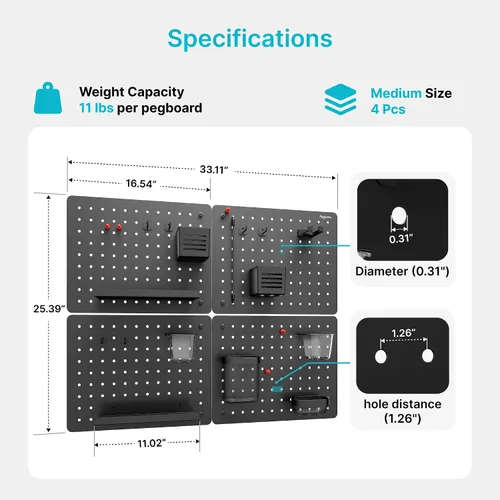 Miniatura 6 de PEGZONE Kit de combinación de organizador de pared de tablero perforado, en total 33.1 x 25.4 pulgadas, tablero de clavijas de metal para oficina