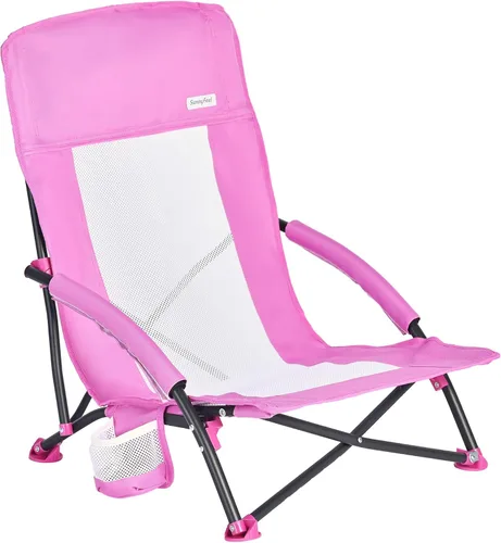Miniatura 10 de SUNNYFEEL Silla de playa baja plegable para adultos, sillas de camping de playa ligeras portátiles con soporte para tazas, reposabrazos, silla