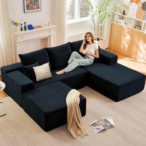 Miniatura 31 de Sofá modular de 95 pulgadas con otomana, moderno sofá nube de pana con asiento profundo, sofá sin hueso tapizado de 3 plazas en forma de U para sala