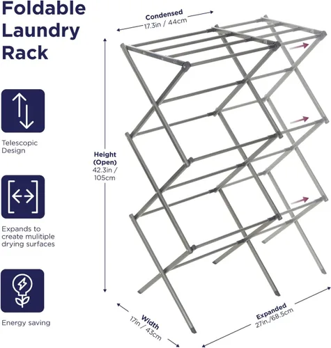 Miniatura 2 de BLACK+DECKER Tendedero de ropa de 3 niveles, plegable y expandible, para secar ropa al aire, ahorro de espacio, resistente y liviano, de metal Plata