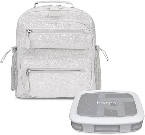 Bentgo® Juego de fiambreras para niños de 5 compartimentos con mochila ligera de 14 pulgadas para niños (edición con purpurina - plateado)