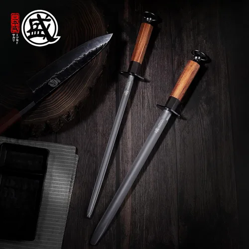 Miniatura 4 de MITSUMOTO SAKARI Varilla de Acero para Afilar de 10 Pulgadas - Varilla Redonda para Afilar Cuchillos, Acero de Alto Carbono Recubierto de Diamante
