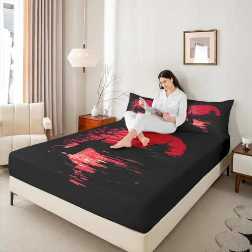 Miniatura 5 de Erosebridal Samurai - Juego de ropa de cama, sábana bajera ajustable, funda de cama samurái japonés, juego de sábanas de silueta de paisaje